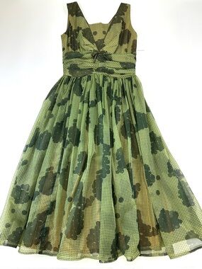 Vintage 1950s Green Fit Flare Dress Opera Length ILGWU Party Formal XS